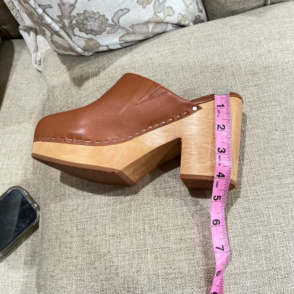 Charlotte Stone Marlo Chunky Wooden Platform Mule Clog Leather Luggage Brown 8 - Picture 13 of 13
